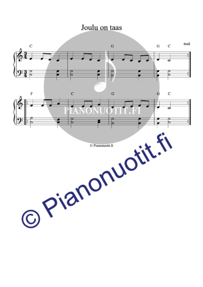 Joulu on taas - nuotti pianolle sointumerkeillä